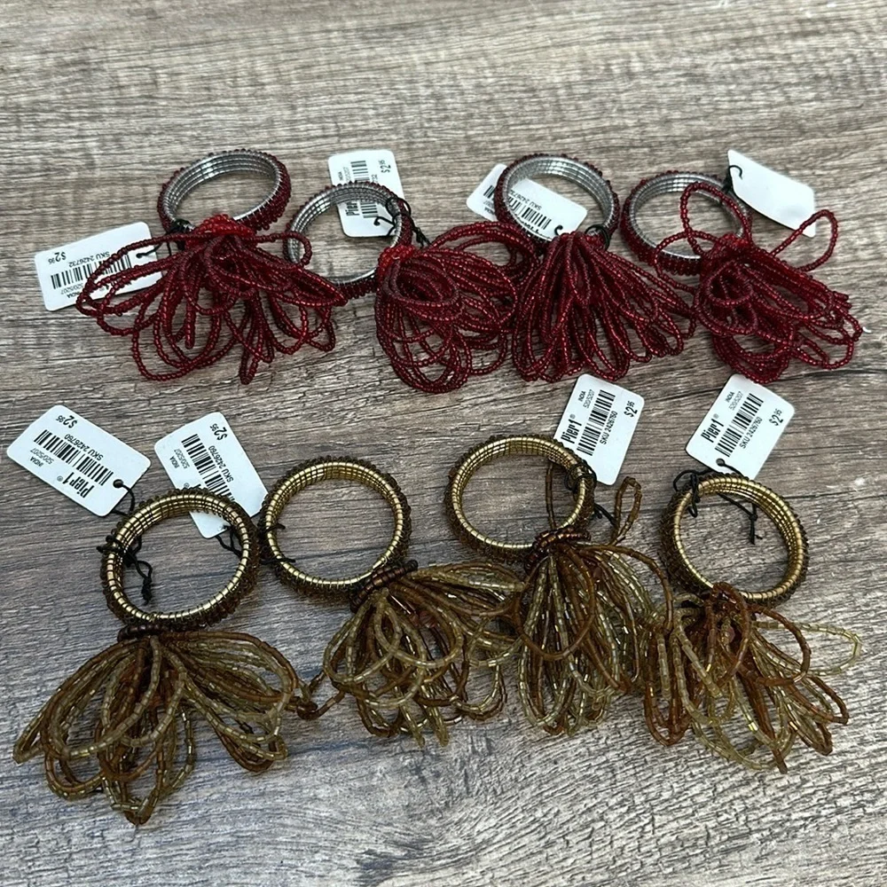 NWT 8 Pier 1 Napkin Rings Floral Beaded Jeweled Christmas Red Gold